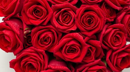 A close up view of a vibrant bouquet of red roses with velvety petals in full bloom and soft lighting