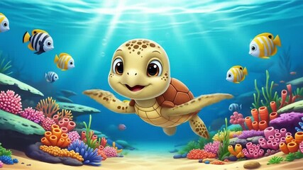 A cheerful sea turtle swims with colorful fish in a vibrant underwater scene.