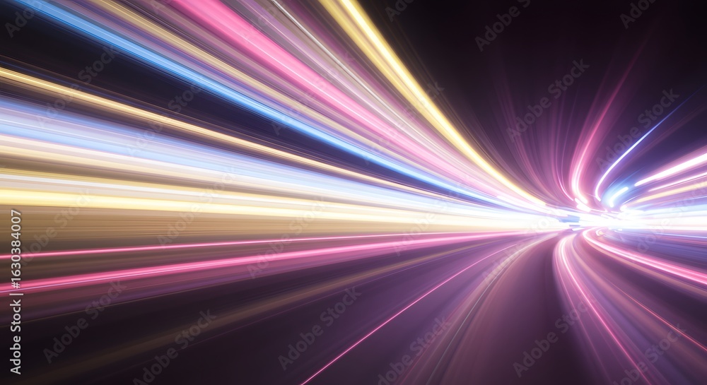Poster an abstract burst of colorful light lines explodes on a dark background, capturing the feeling of hi