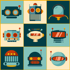 A colorful flat illustration of 9 retro-style robot heads arranged in a 3x3 grid, using a vintage color palette of teal, orange, yellow, and cream.