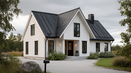 Modern Farmhouse Exterior with White Siding and Black Metal Roof in Rural Setting