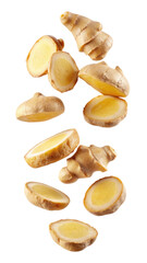 flying ginger and half slices isolated on transparent white background, clipping path