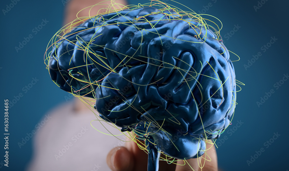 Poster 3d rendering of a human brain with complex neural network connections. ideal for healthcare, neurosc