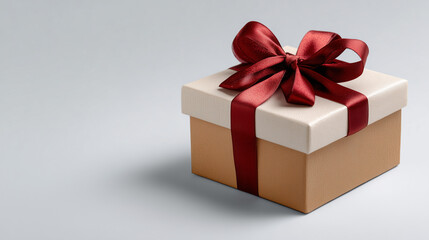 Obraz premium Elegant gift box with glossy red ribbon on minimalist gray background for festive celebrations or special occasions, perfect for holiday greetings and surprise gifts