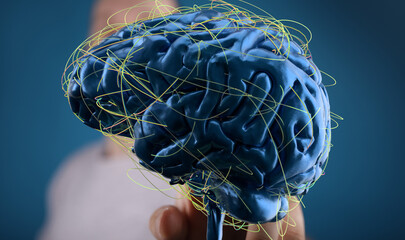 3D rendering of a human brain with complex neural network connections.  Ideal for healthcare,...