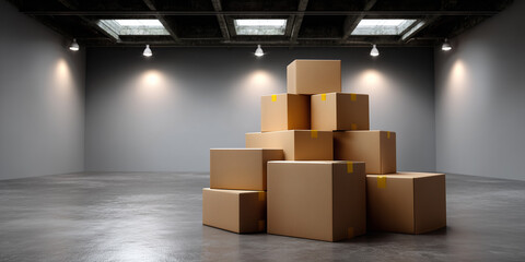 Stacked Brown Boxes in a Minimalist Warehouse Setting with Industrial Lighting and Concrete Floor Suitable for Shipping and Storage Themes