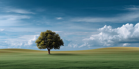 Solitary Tree on Green Hill Under Dramatic Cloudy Sky with Blue Atmosphere and Gentle Breeze
