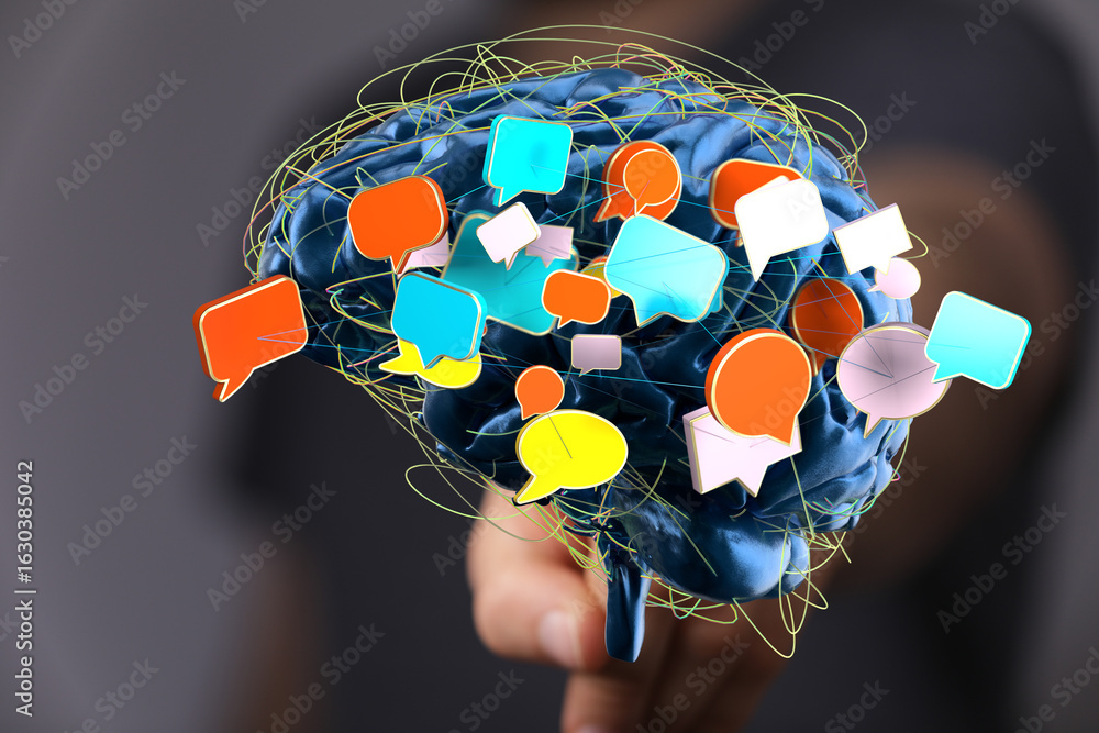 Poster abstract image of a brain with colorful speech bubbles, representing communication, ideas, and thoug