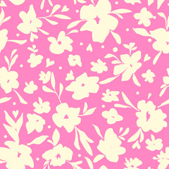 Seamless bright yellow floral vector vintage retro style. Fabric with floral pattern dress with handmade pattern For decorating elements, decor, textiles, postcards, printing on a pink background