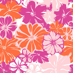 Seamless bright pink floral vector vintage retro style. Fabric with floral pattern dress with handmade pattern For decorating elements, decor, textiles, postcards, printing on a white background