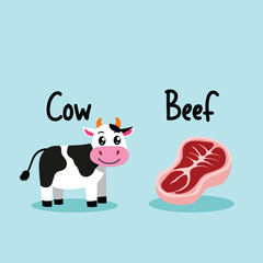 Cute cow and beef steak educational vector illustration