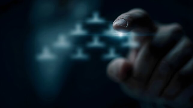 Holographic organizational chart with sharp focused corporate structure lighting