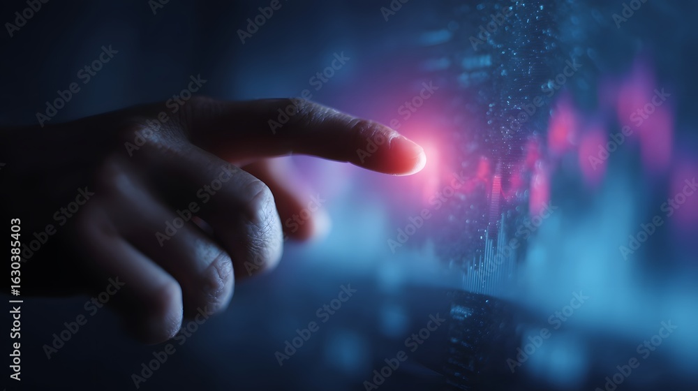 Poster adjusting a futuristic holographic dashboard with performance metrics