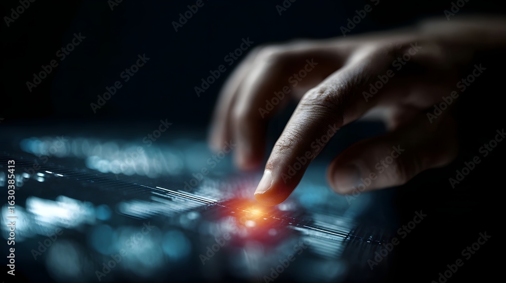 Poster hand adjusting a holographic performance metrics dashboard