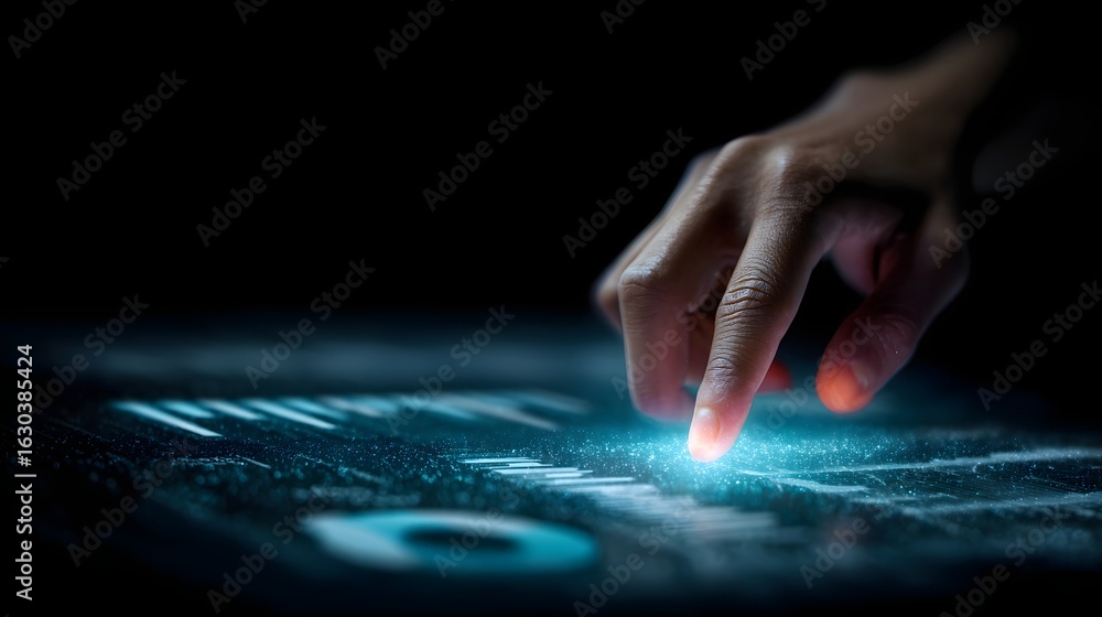 Poster hand adjusting holographic performance metrics dashboard with business kpi lighting