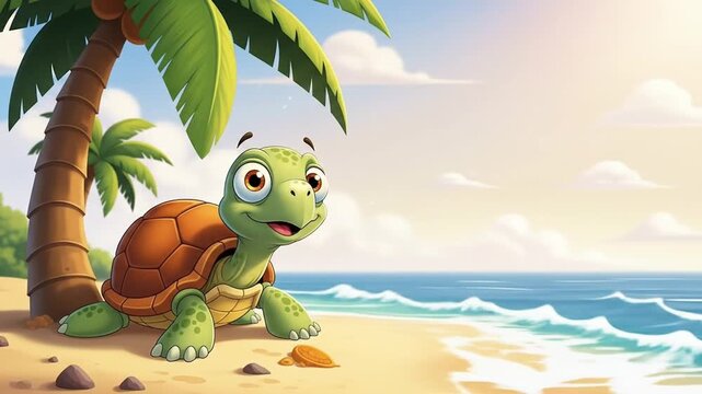 A cartoon turtle sits on a tropical beach beneath a palm tree, enjoying the ocean view.