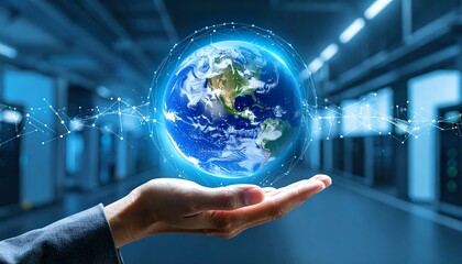 A hand gently cradles a glowing, digital Earth, set against a blurred backdrop of server racks