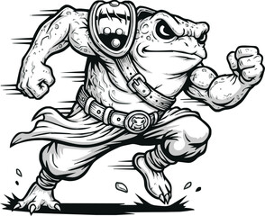 Naklejka premium A stylized, cartoon frog warrior in a running pose, armored and powerful.