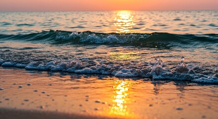 Naklejka premium Nature wallpaper. Ocean Waves Washing Onto Sandy Beach at Sunset with Golden Light Reflection