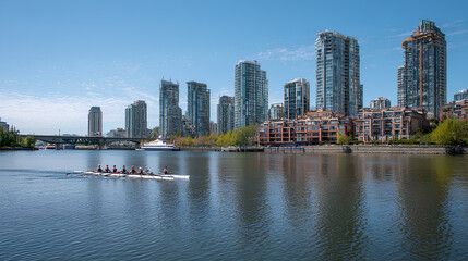 Synchronized Rowing Team on Calm River with City Background