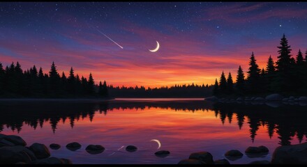 Obraz premium Nature wallpaper. Lake Reflection at Sunset with Crescent Moon and Forest