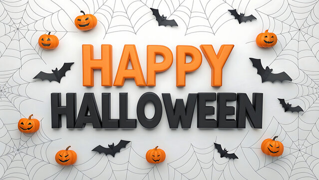 Happy halloween text with pumpkins and bats on a white textured background