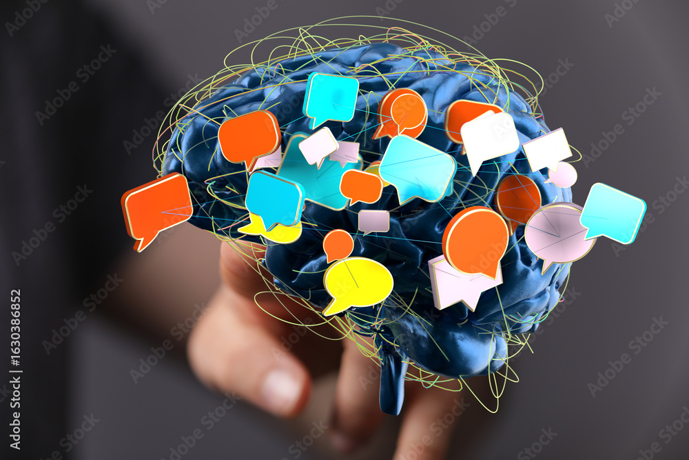 Poster abstract image of a brain with colorful speech bubbles. perfect for communication, ideas, and brains