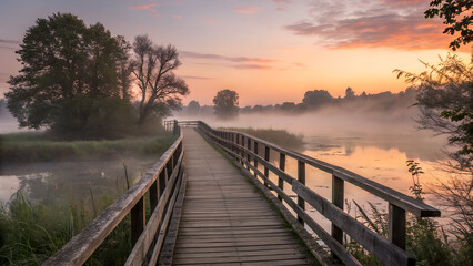 Obraz premium A wooden footbridge at sunrise in a misty natural setting