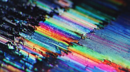 Abstract glitch art.  Colorful,  horizontal lines with  distortion,  pixelated effect.  Dark background