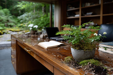 A beautifully arranged workspace with a wooden desk and potted plants creates a serene and tranquil environment that inspires creativity and productivity in nature.