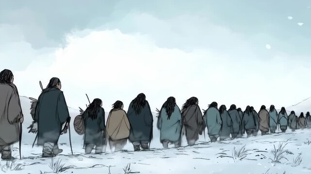 trail of tears - line of indigenous people walking through harsh terrain in cold desolate landscape. native american heritage day. winter expedition and exploration. adventure, travel, journey