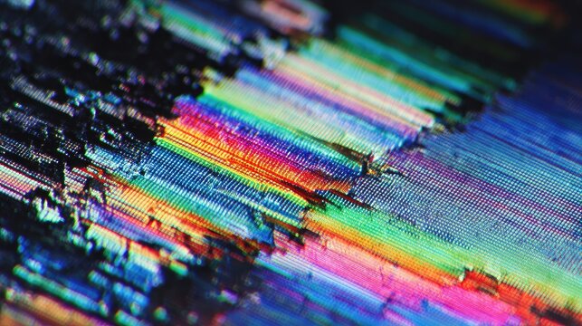 Abstract glitch art.  Colorful,  horizontal lines with  distortion,  pixelated effect.  Dark background