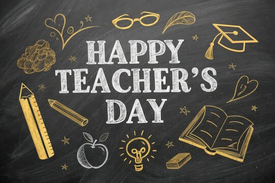 Happy teachers day chalkboard drawing with educational symbols and greetings
