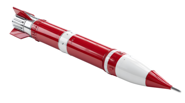 Sleek red and white rocket design evokes retro space adventures and futuristic possibilities for innovations Isolated on white background