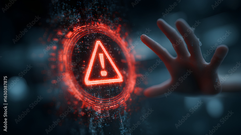Poster system warning alert on virtual interface with hand interaction. concept of cybersecurity risk, data