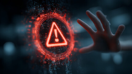 System warning alert on virtual interface with hand interaction. Concept of cybersecurity risk, data breach, malware, hacking, IT failure, and digital system vulnerability in modern technology.