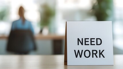 A sign reading "NEED WORK" is prominently displayed on a table, with a blurred figure seated in the background, suggesting a search for employment.