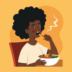 Young black woman eating a healthy meal from a bowl vector illustration