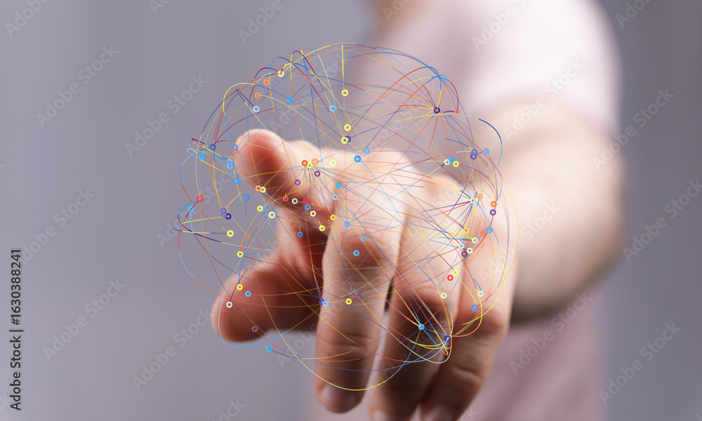 Poster abstract image depicting a hand interacting with a complex network. ideal for technology, connection
