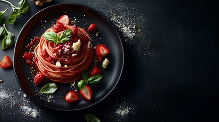 A plate of spaghetti in a swirl with tomato sauce, basil, and strawberries, on a dark background. Garnished with grated parmesan