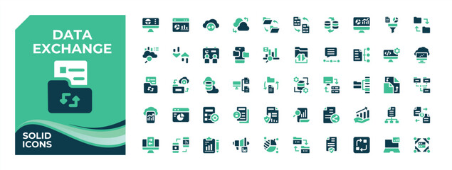 Data Exchange and Analytics colorful solid icon set. Contains related to report, exchange, statistic, cloud data, data exchange, information and more. Exchange vector fill icon set.