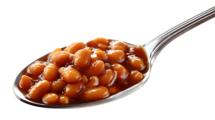 Delicious spoonful of baked beans in rich savory sauce ready to be enjoyed, classic comfort food Isolated on white background