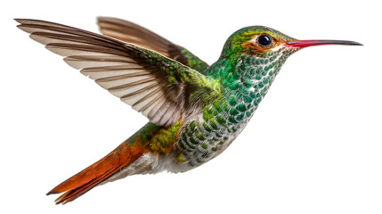 Naklejka premium Stunning hummingbird in flight shows off vibrant green plumage and delicate wings in exquisite detail Isolated on white background