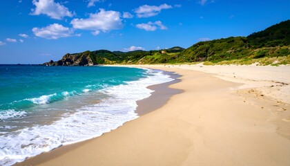 Idyllic coastal scene: Turquoise sea meets sandy beach under a blue sky