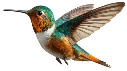 Fototapeta premium Hummingbird in flight with vibrant feathers, a symbol of joy, agility, and the beauty of the natural world Isolated on white background