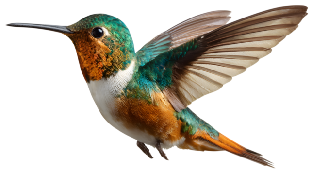 Hummingbird in flight with vibrant feathers, a symbol of joy, agility, and the beauty of the natural world Isolated on white background