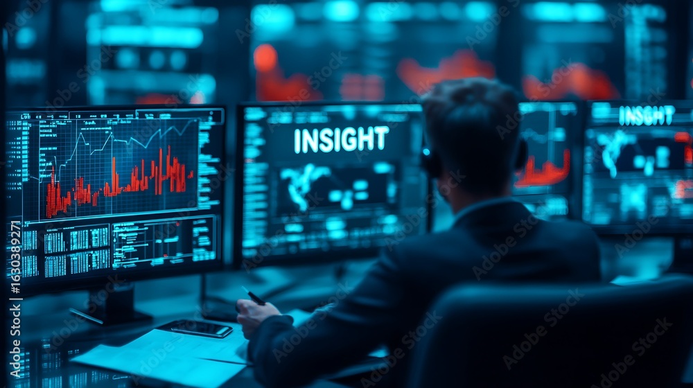 Poster a focused individual analyzes data on multiple screens in a high-tech environment, showcasing insigh
