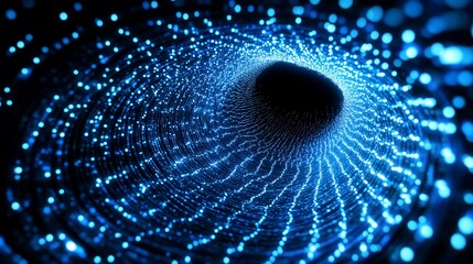 Abstract blue tunnel of light, dark void at center, with sparkling dots forming lines. Depth is suggested by perspective