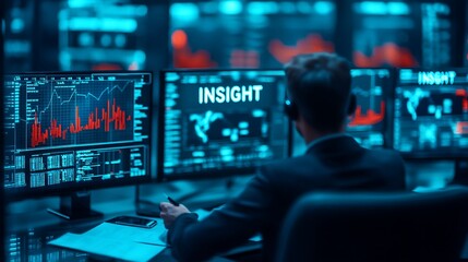 A focused individual analyzes data on multiple screens in a high-tech environment, showcasing insights and financial trends.