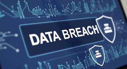 Digital display showing the words "data breach" within a graphical user interface.